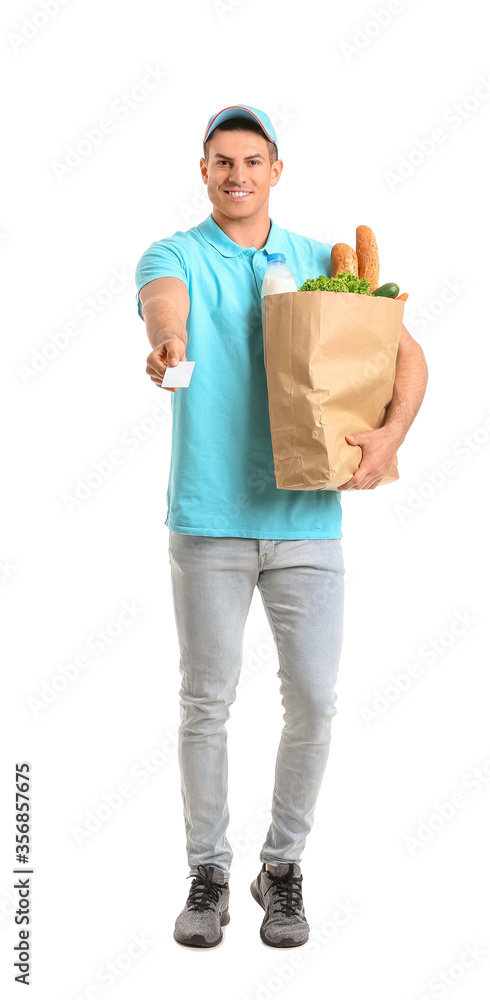 Delivery man with food in bag and business card on white background
