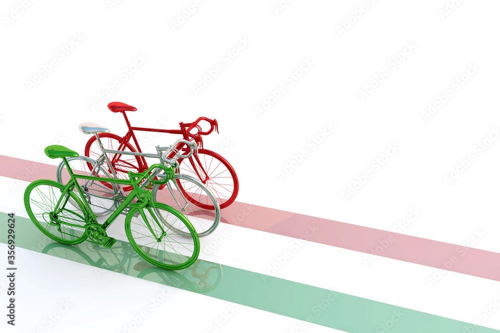 红色、绿色和白色自行车套装，白色背景公路自行车，意大利概念图