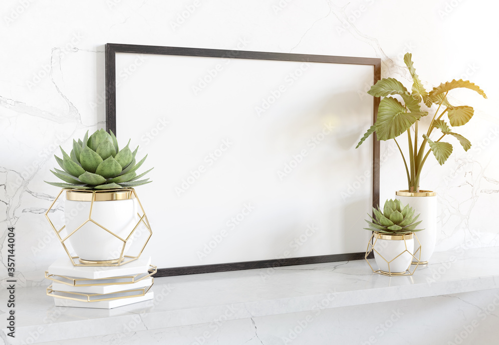 Black frame leaning on white shelve in bright interior with plants and decorations mockup 3D renderi