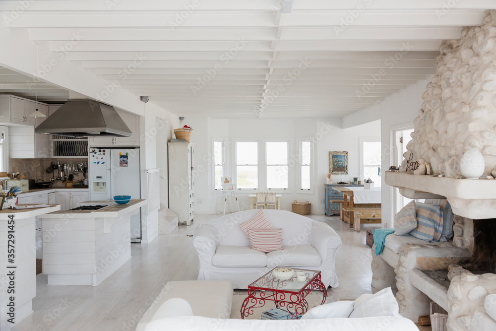 White kitchen and living room