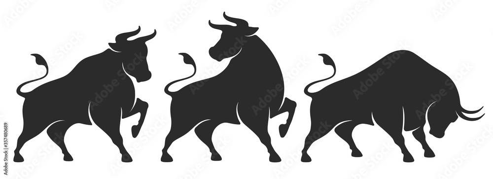 Bull set. Stylized silhouettes of standing in different poses and butting up bulls. Isolated on whit