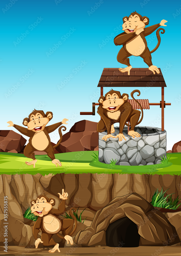 野生猴子在动物公园卡通风格的日间背景中摆出许多姿势