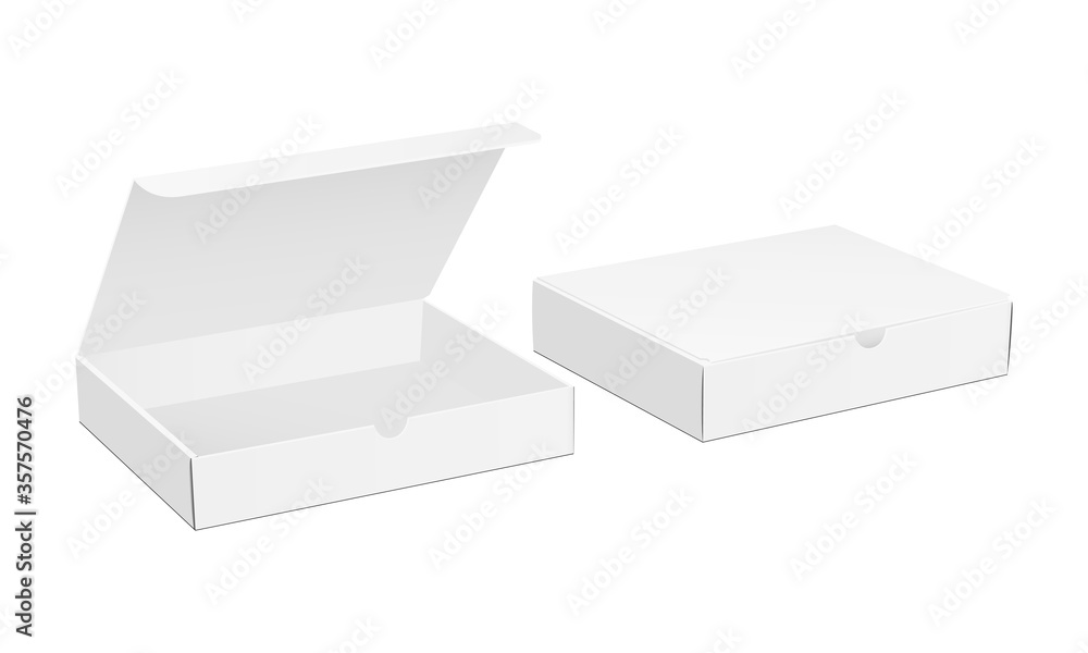两个纸盒实物模型，打开和关闭盖子，在白色背景上隔离。矢量插图