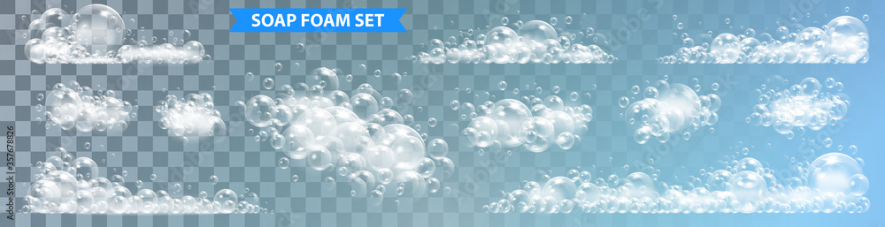 Soap foam with bubbles isolated vector illustration on transparent background