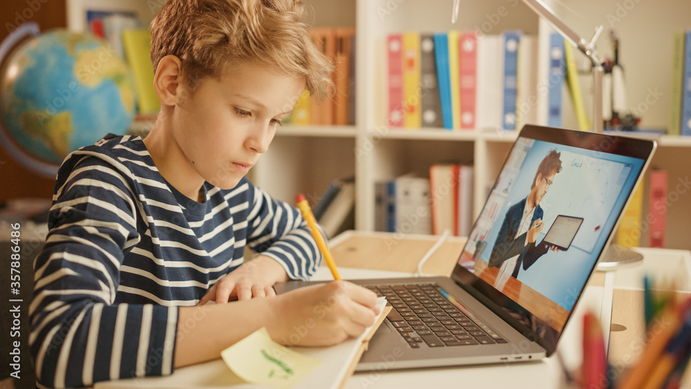 聪明的小男孩用笔记本电脑与老师视频通话。屏幕显示在线讲座和教学