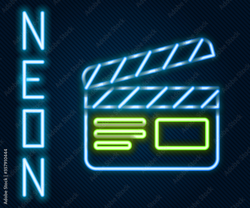 Glowing neon line Movie clapper icon isolated on black background. Film clapper board. Clapperboard 