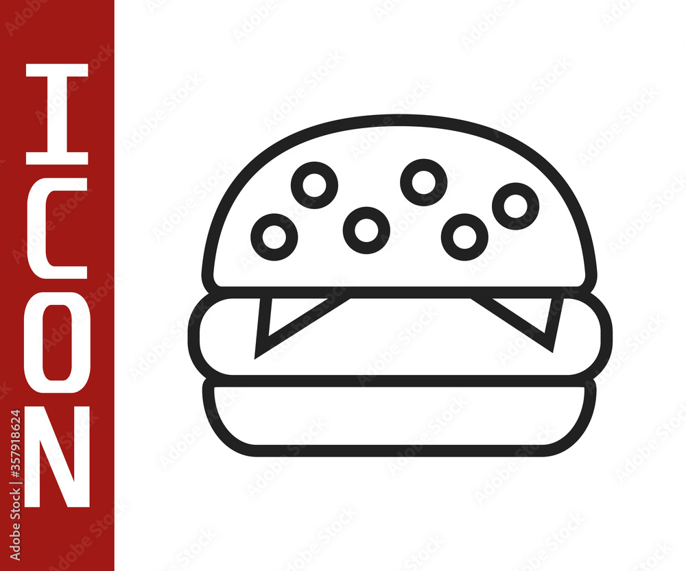 Black line Burger icon isolated on white background. Hamburger icon. Cheeseburger sandwich sign. Fas