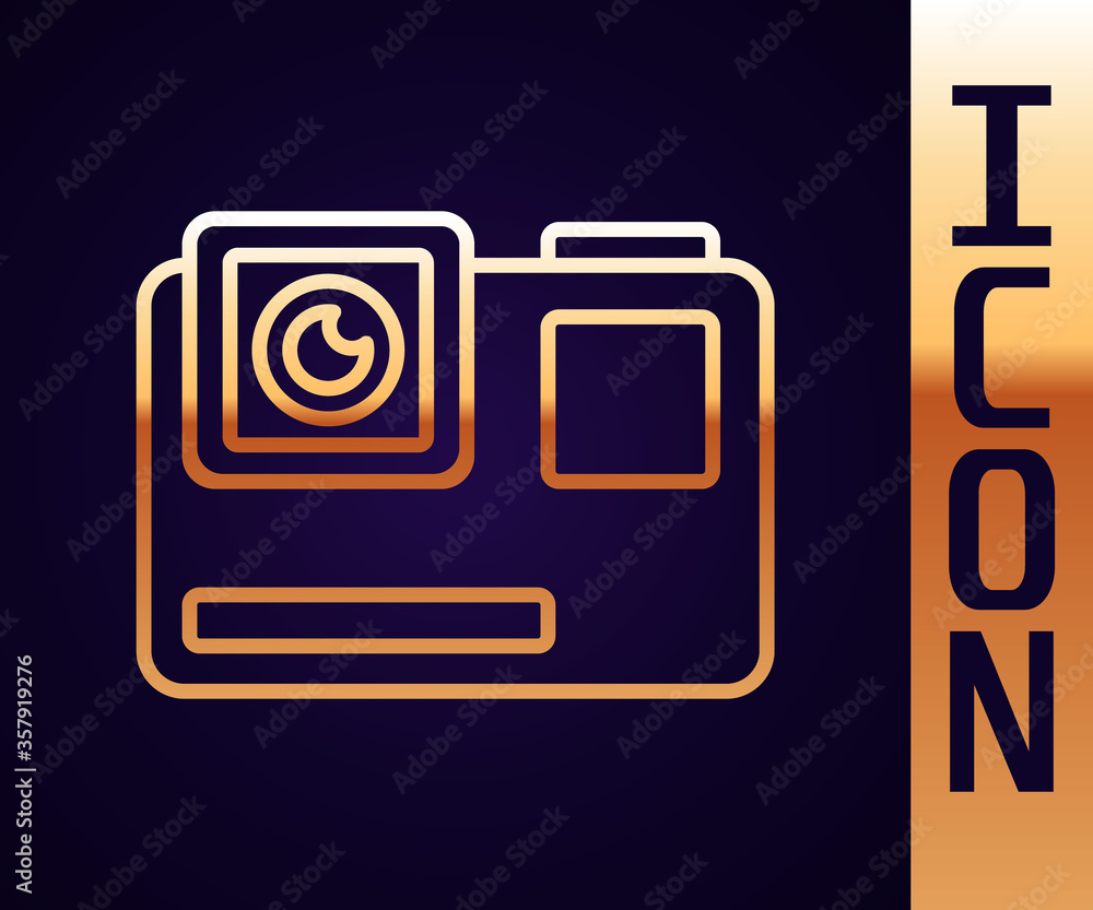 Gold line Action extreme camera icon isolated on black background. Video camera equipment for filmin