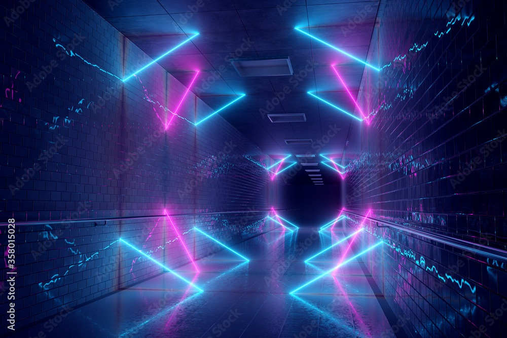 Glowing blue and pink neon light tubes in long dark underground tunnel reflecting on walls and floor