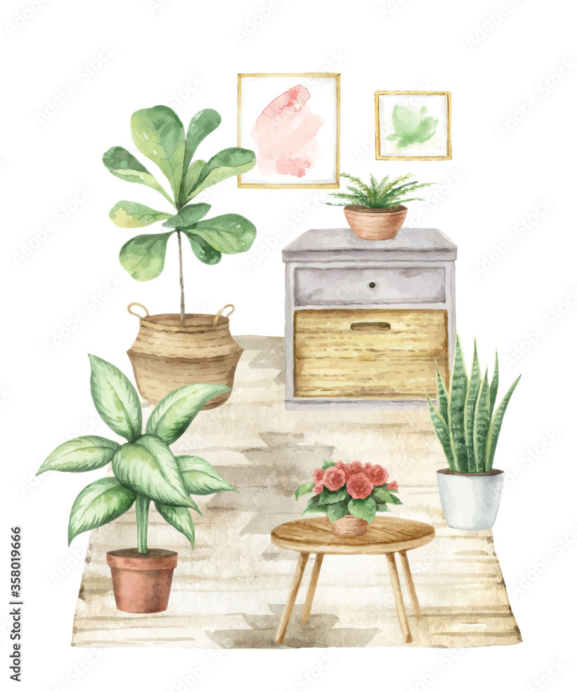 Watercolor vector interior of the house with home plants.