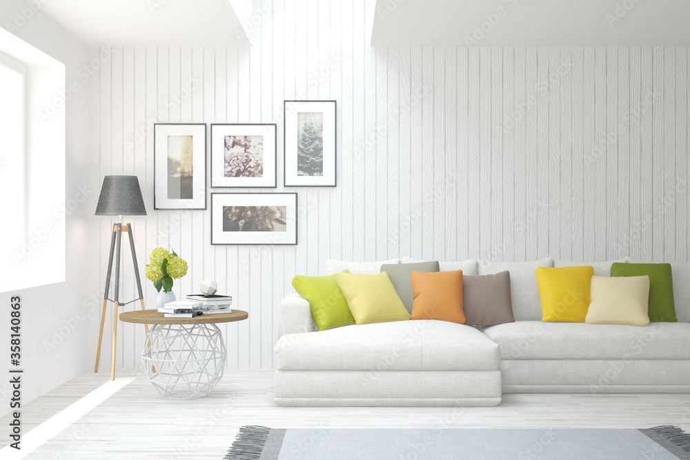 带彩色沙发的白色客厅。斯堪的纳维亚室内设计。3D插图
