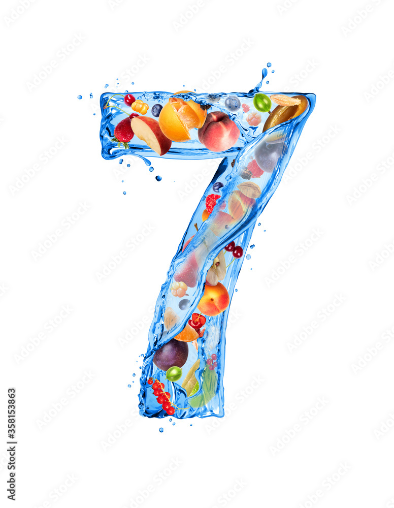 Number 7 made of water splashes with fruits and berries, isolated on a white background