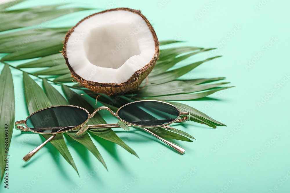 时尚太阳镜，颜色背景为椰子和棕榈叶