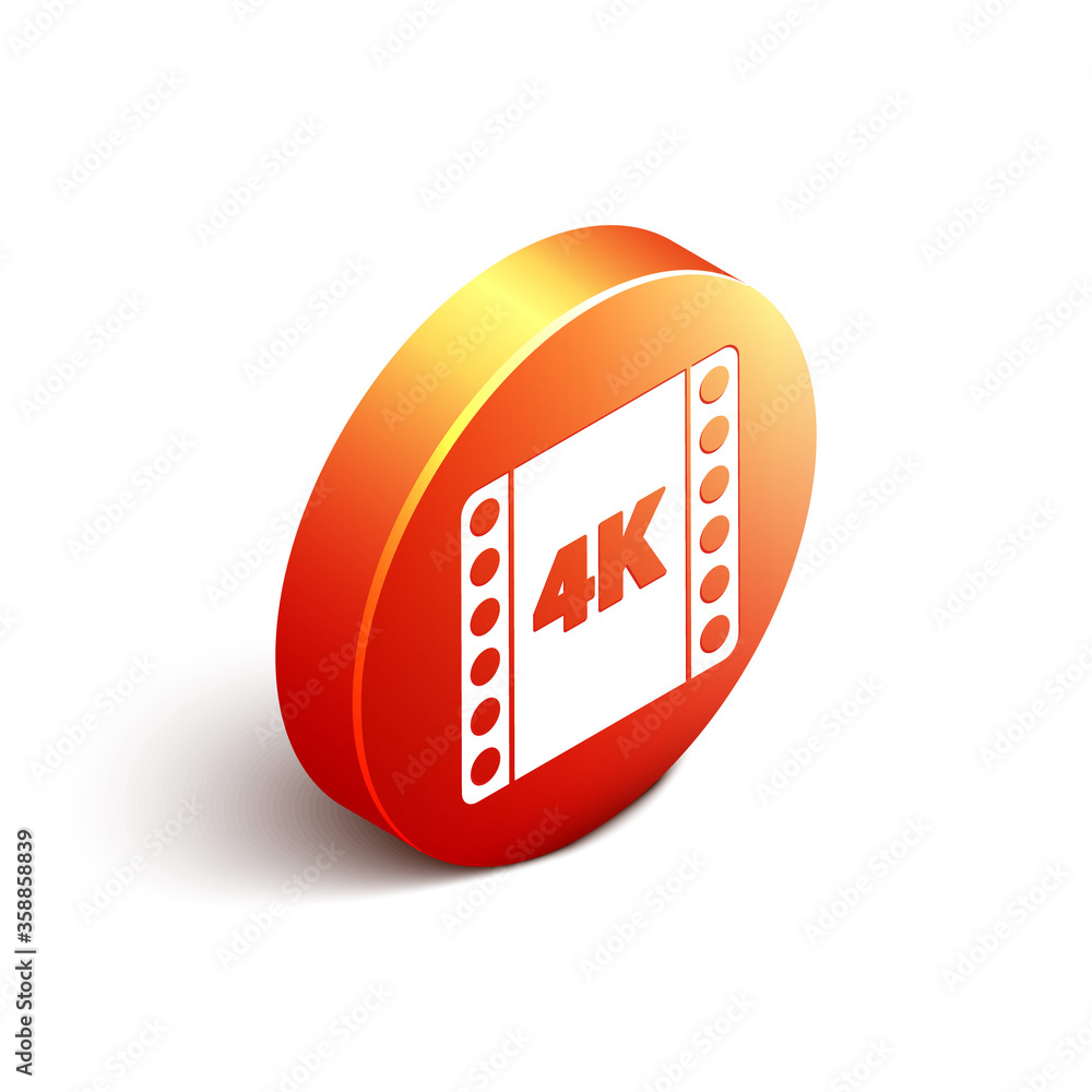 等轴测4k电影、磁带、隔离在白色背景上的框架图标。橙色圆圈按钮。矢量照明