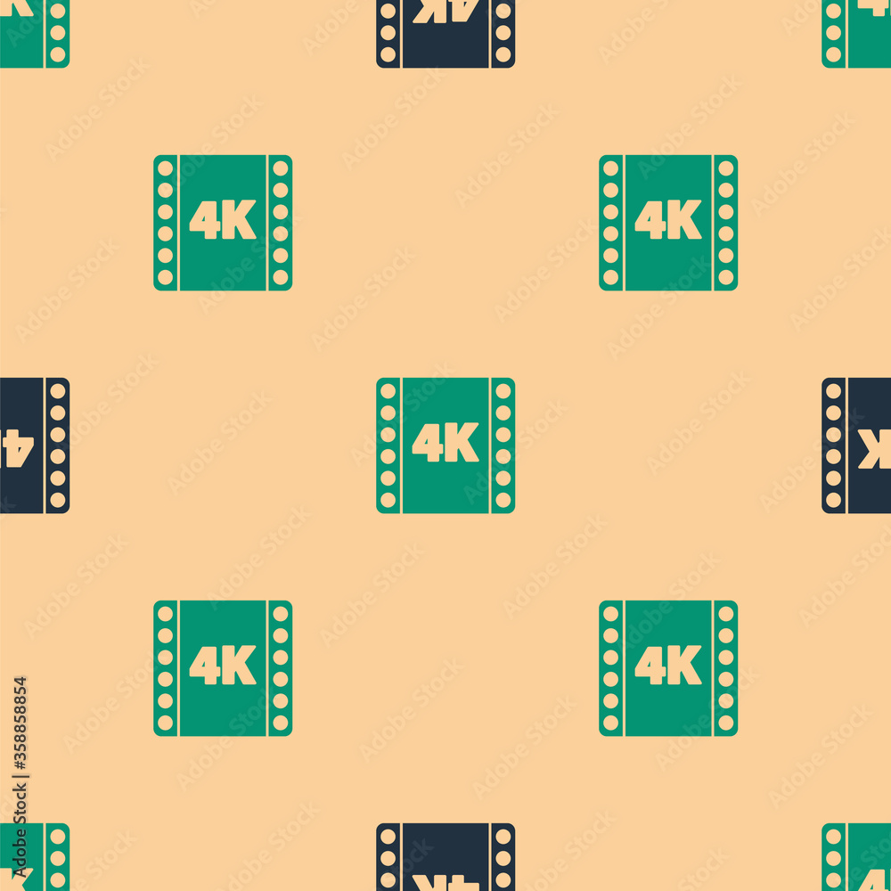 米色背景上的绿色和黑色4k电影、磁带、框架图标隔离无缝图案。矢量Il