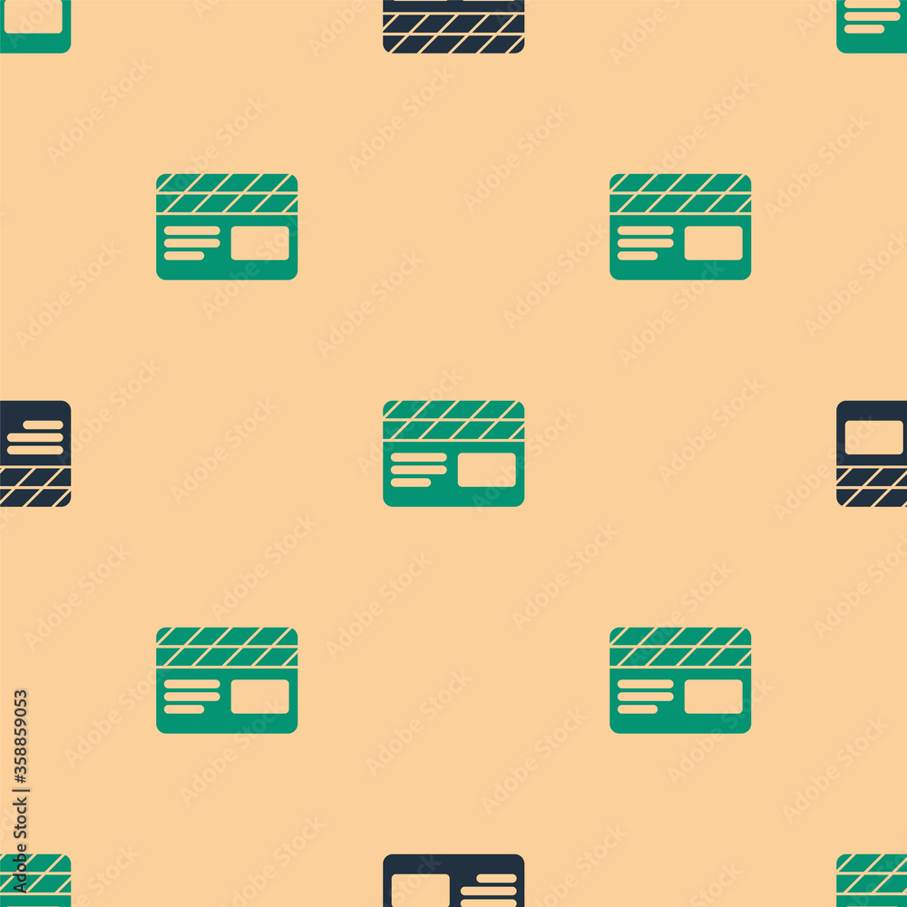 Green and black Movie clapper icon isolated seamless pattern on beige background. Film clapper board