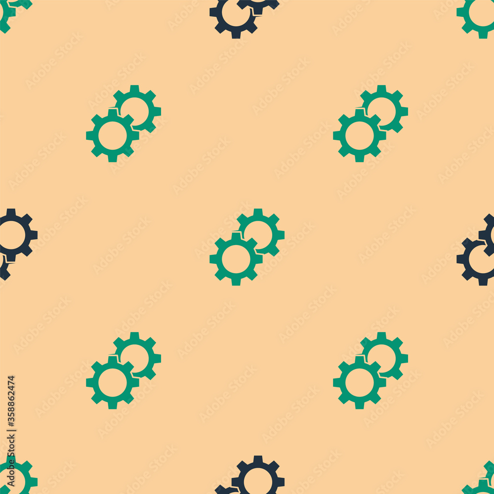 Green and black Gear icon isolated seamless pattern on beige background. Cogwheel gear settings sign