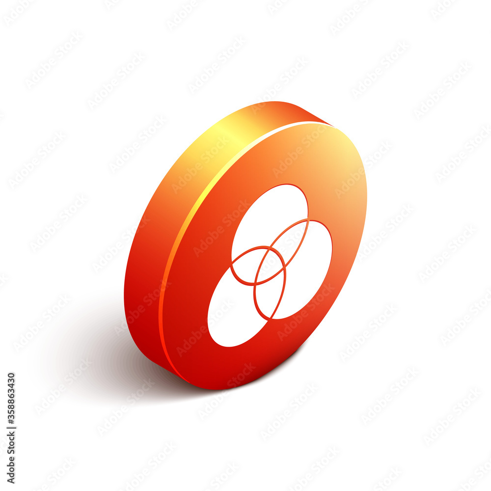 白色背景上隔离的等距RGB和CMYK颜色混合图标。橙色圆圈按钮。矢量