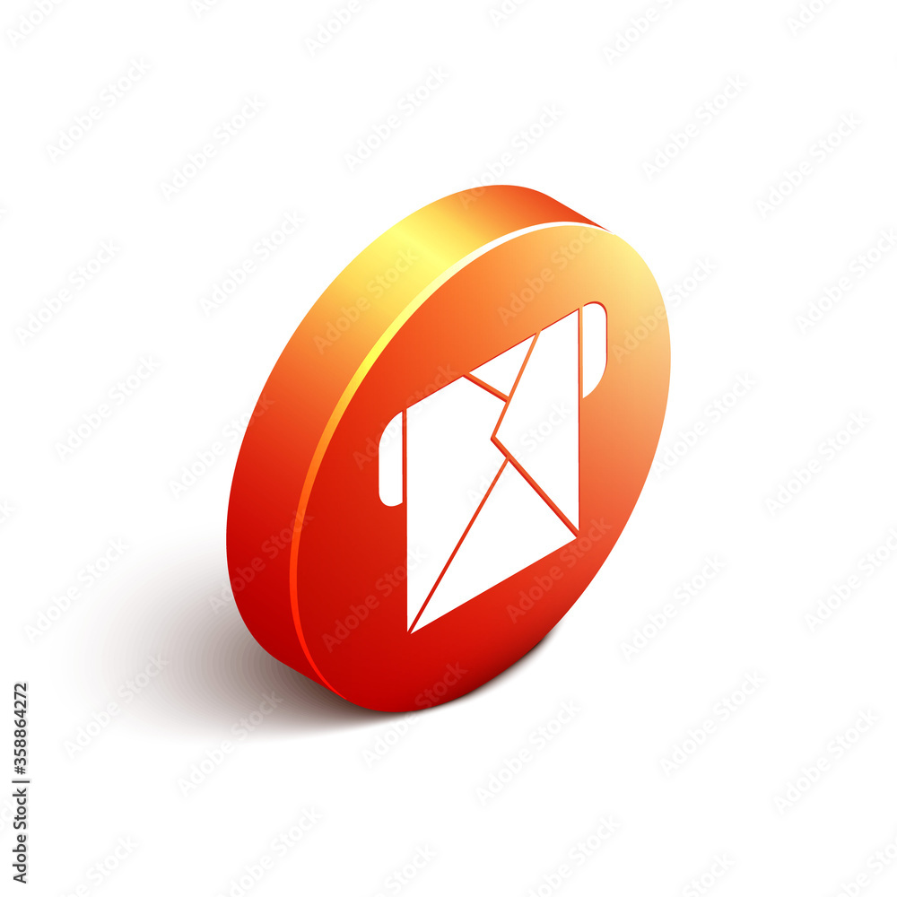 白色背景上隔离的等距信封图标。电子邮件字母符号。橙色圆圈，但
