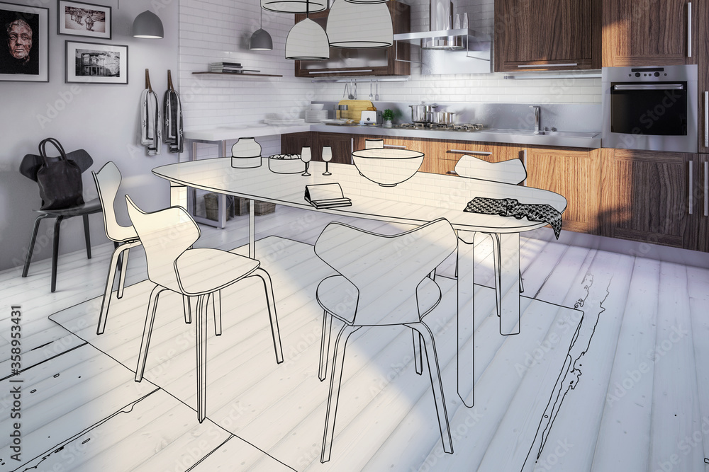 带餐厅集成的现代厨房区域（插图）-三维可视化