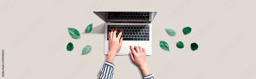 Person using a laptop computer with green leaves from above