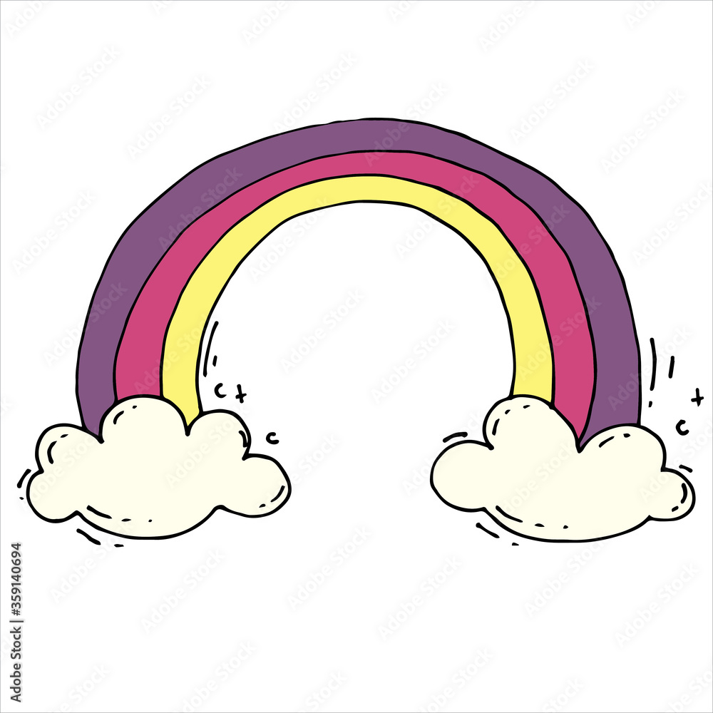 涂鸦风格的矢量插图，卡通，平面。绽放彩虹和云朵。可爱的儿童画