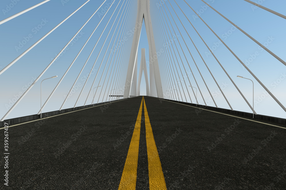 悬索桥上的沥青路，三维渲染。