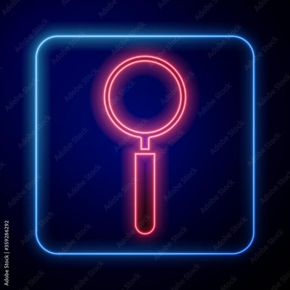 蓝色背景上隔离的发光霓虹灯放大玻璃图标。搜索、聚焦、缩放、商业符号