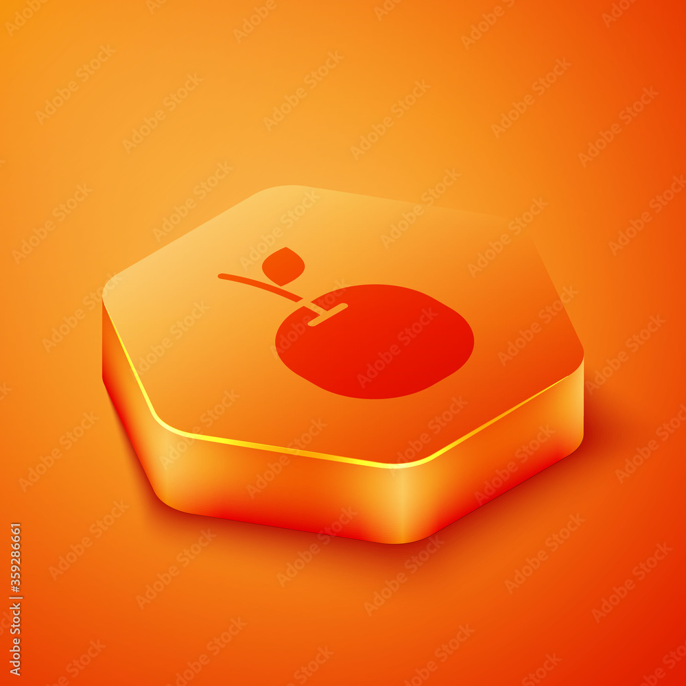 橙色背景上隔离的等距苹果图标。带叶子符号的水果。橙色六边形按钮。V