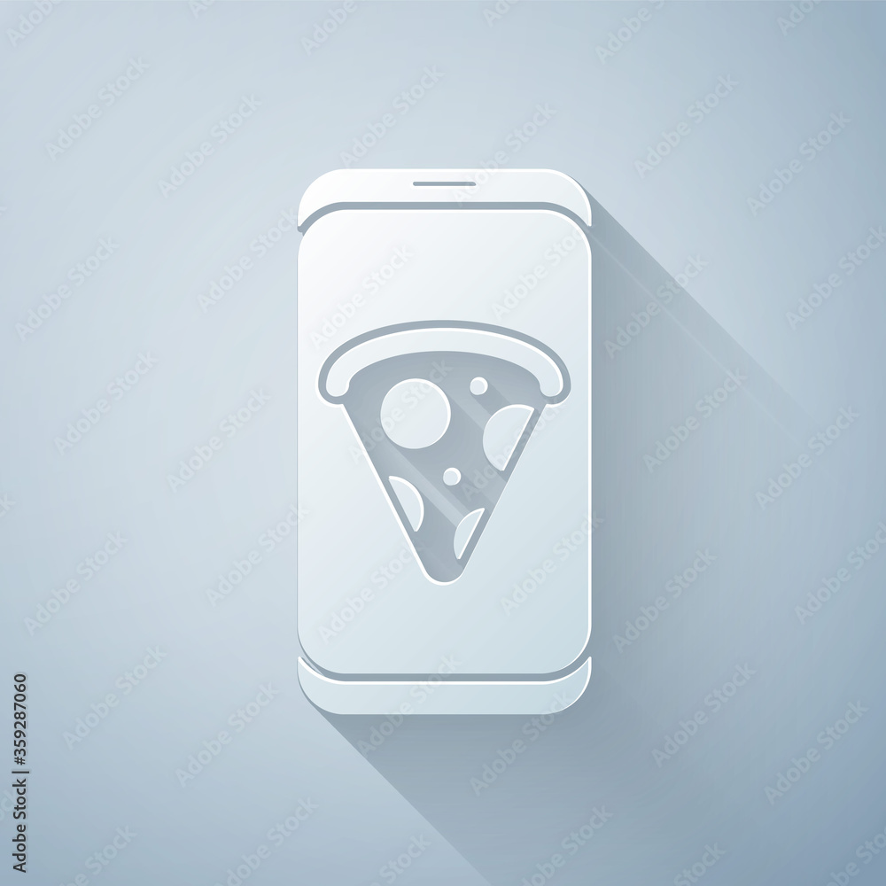 灰色背景上隔离的剪纸食品点餐披萨图标。通过手机点餐。餐厅信息