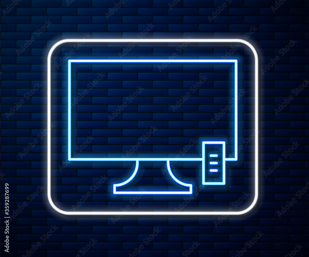 闪亮的霓虹灯线智能电视图标隔离在砖墙背景上。电视标志。Vector Illustra