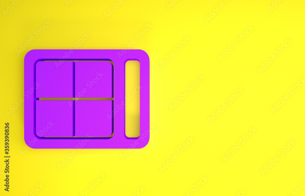 Purple Eye shadow palette with brush icon isolated on yellow background. Minimalism concept. 3d illu