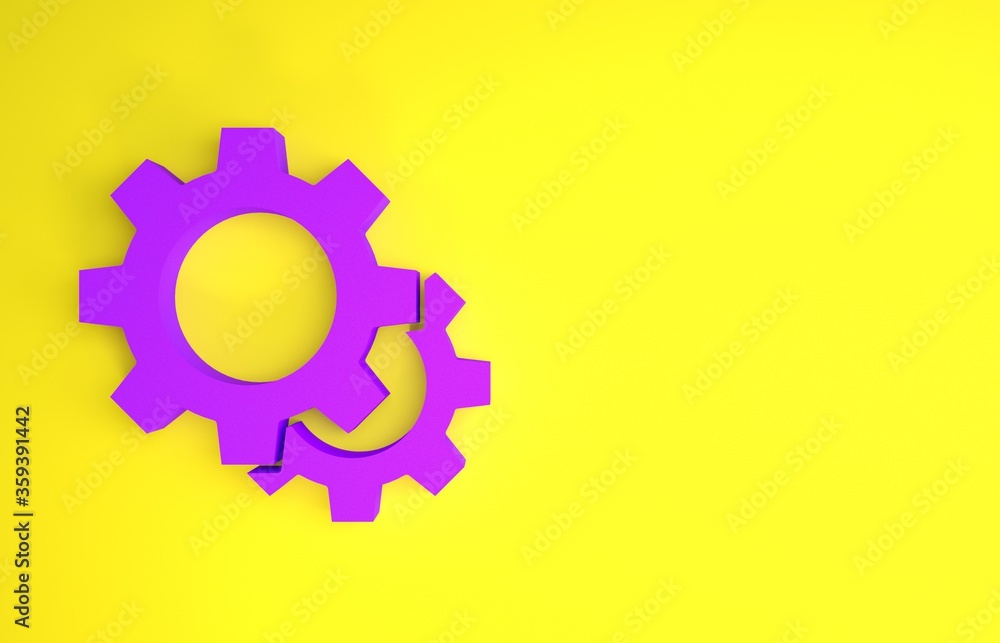 黄色背景上隔离的紫色齿轮图标。齿轮设置标志。齿轮符号。极简主义