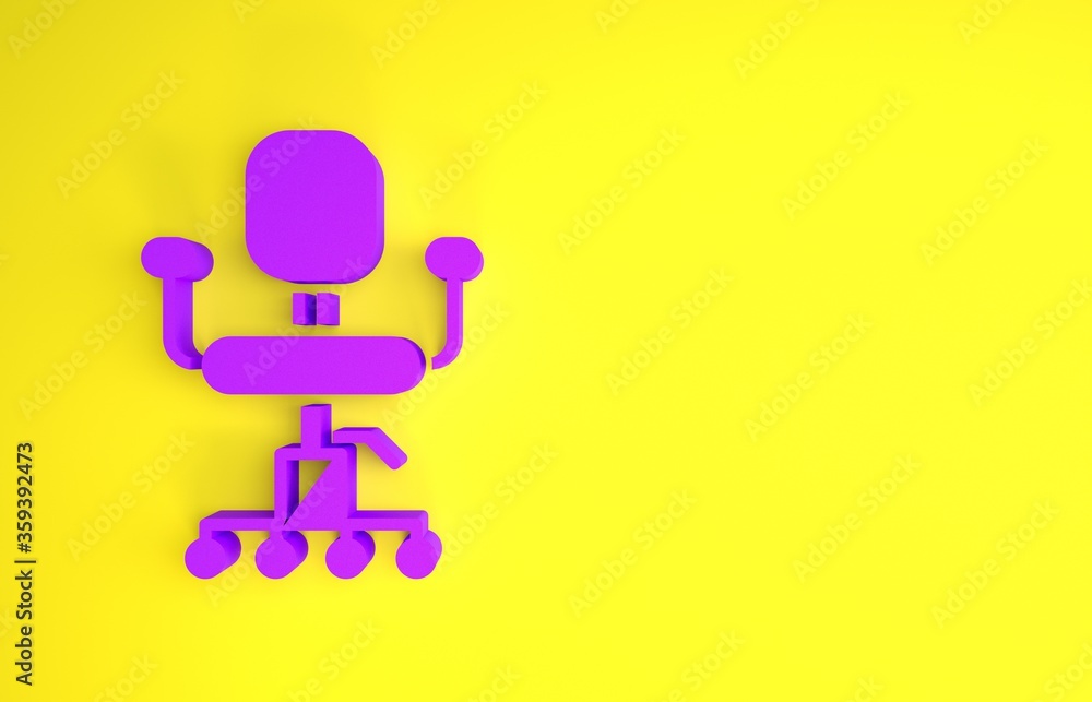 黄色背景上隔离的紫色办公椅图标。极简主义概念。3d插图3d rende