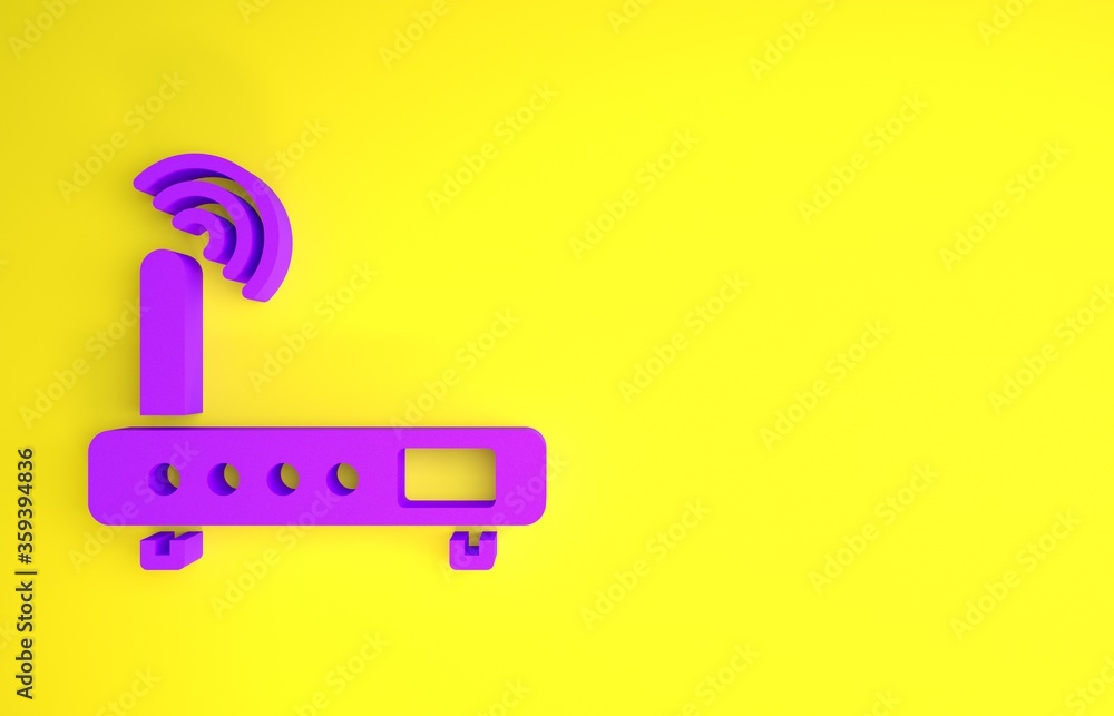黄色背景上隔离的紫色路由器和wi-fi信号图标。无线以太网调制解调器路由器.C