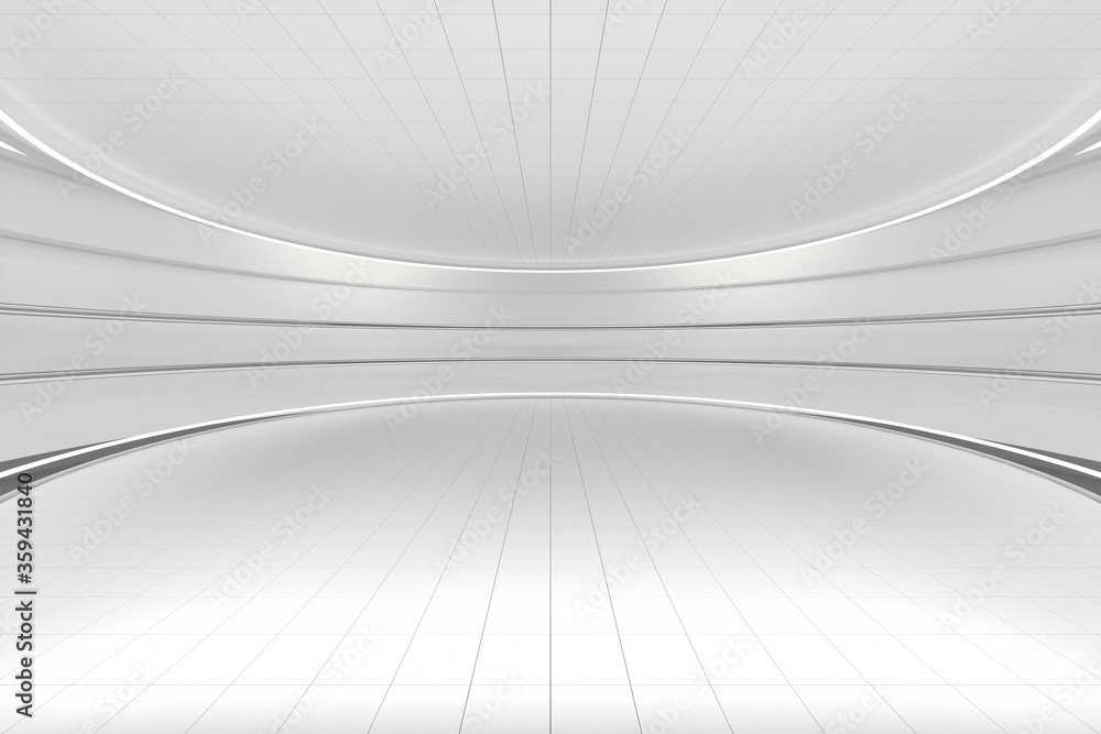 白色圆形房间，未来主义结构，三维渲染。