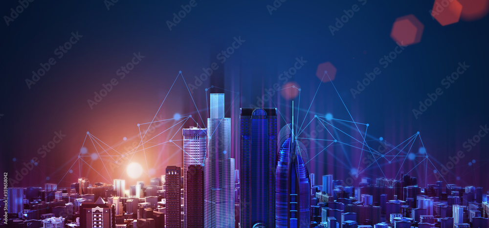智能城市概念。具有通信网络连接的城市未来建筑全景