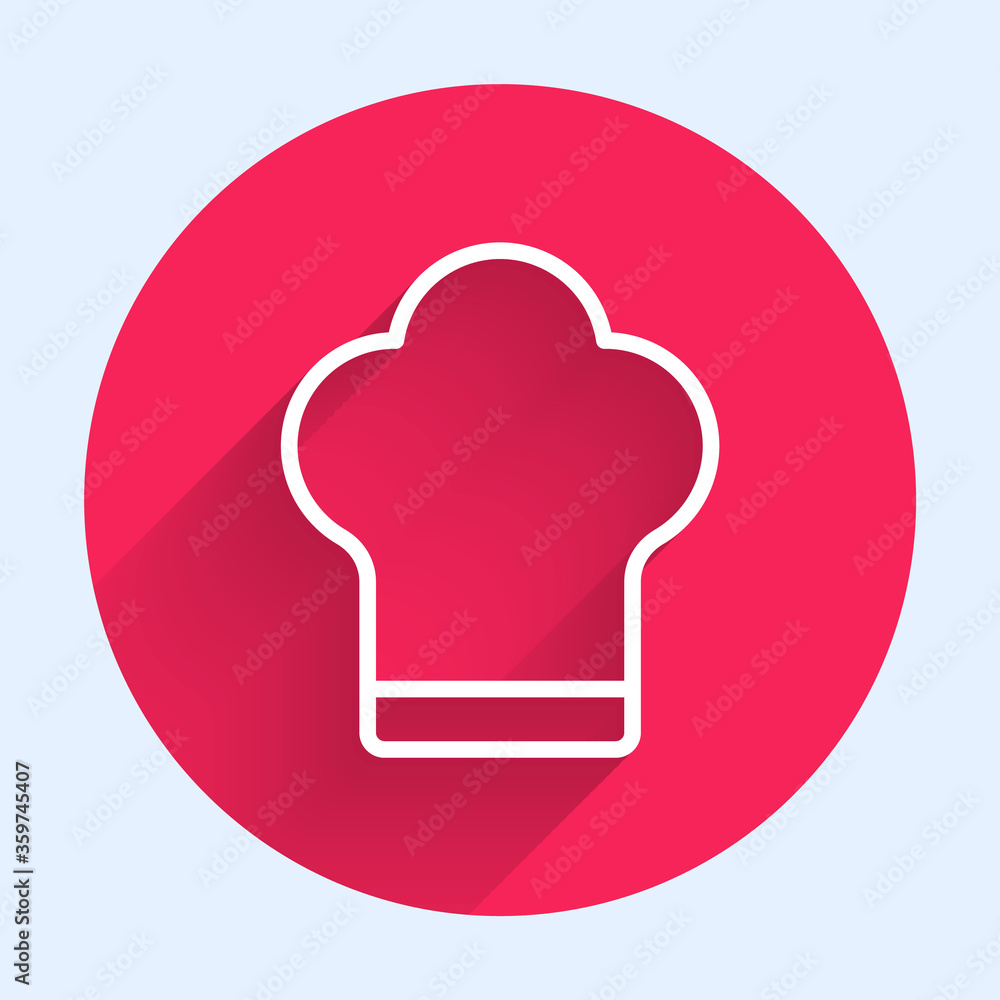 白色线条厨师帽图标与长阴影隔离。烹饪符号。厨师帽。红色圆圈按钮。Ve