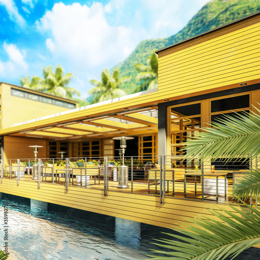 度假村露台餐厅区-详细的三维建筑可视化