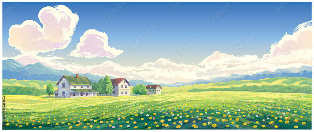 Summer rural landscape with houses and blooming glade in the foreground.