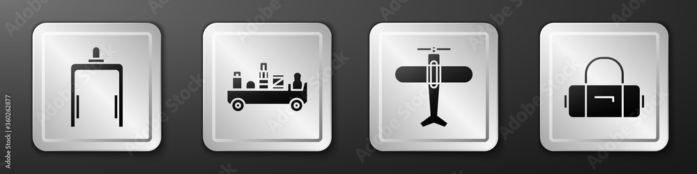 在机场、机场行李牵引车、飞机和手提箱图标中设置金属探测器。银色方块