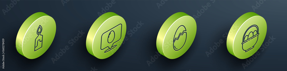 Set Isometric Burning candle, Speech bubble with easter egg, Broken egg and Basket with easter eggs 