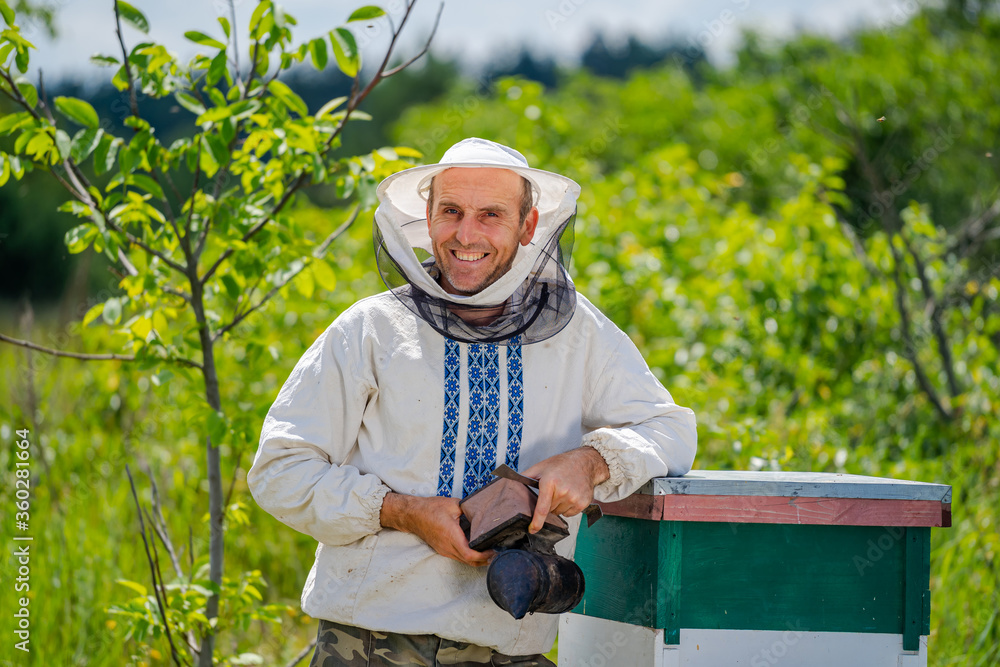 穿着防护服的养蜂人。养蜂场的蜂巢背景。春天在养蜂场工作。