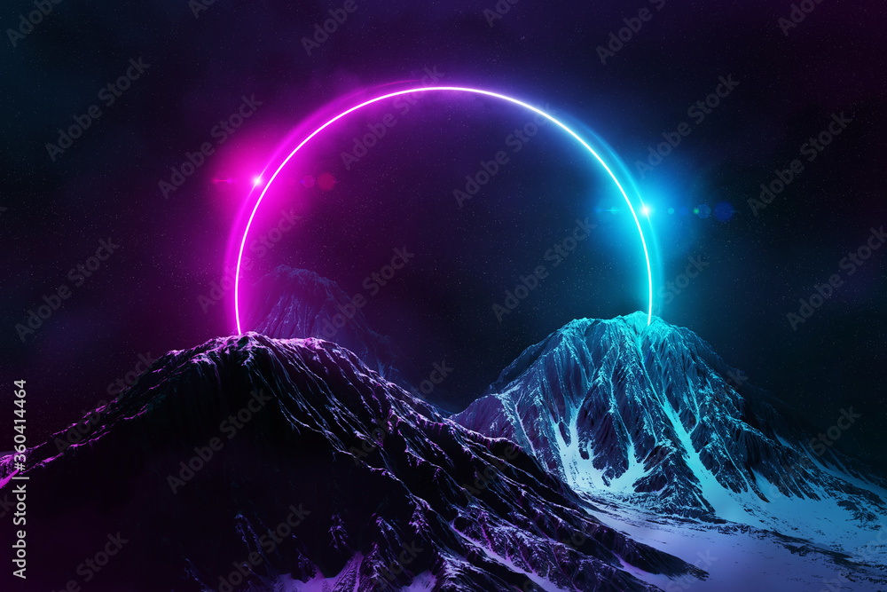 抽象背景，蓝色和粉色霓虹灯圆圈反射在雪山上3D渲染