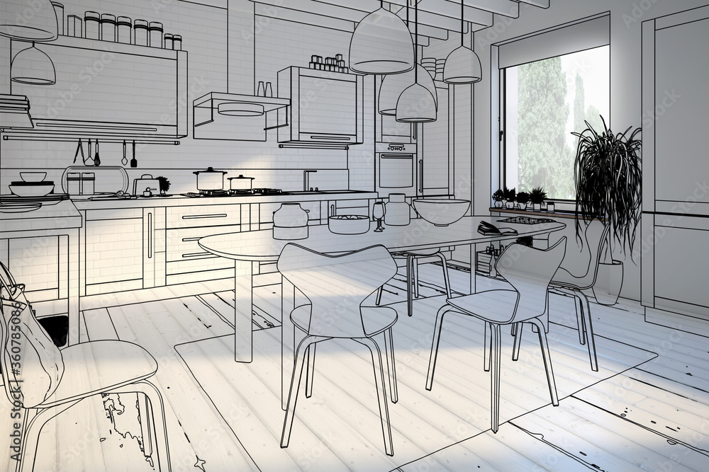厨房区域与餐厅集成（图纸）-三维可视化