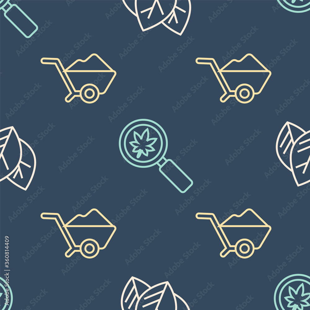 Set line Leaf or leaves, Wheelbarrow with dirt and Magnifying glass with leaf on seamless pattern. V