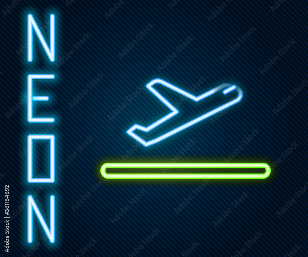 闪亮的霓虹灯线飞机起飞图标隔离在黑色背景上。飞机运输符号。彩色