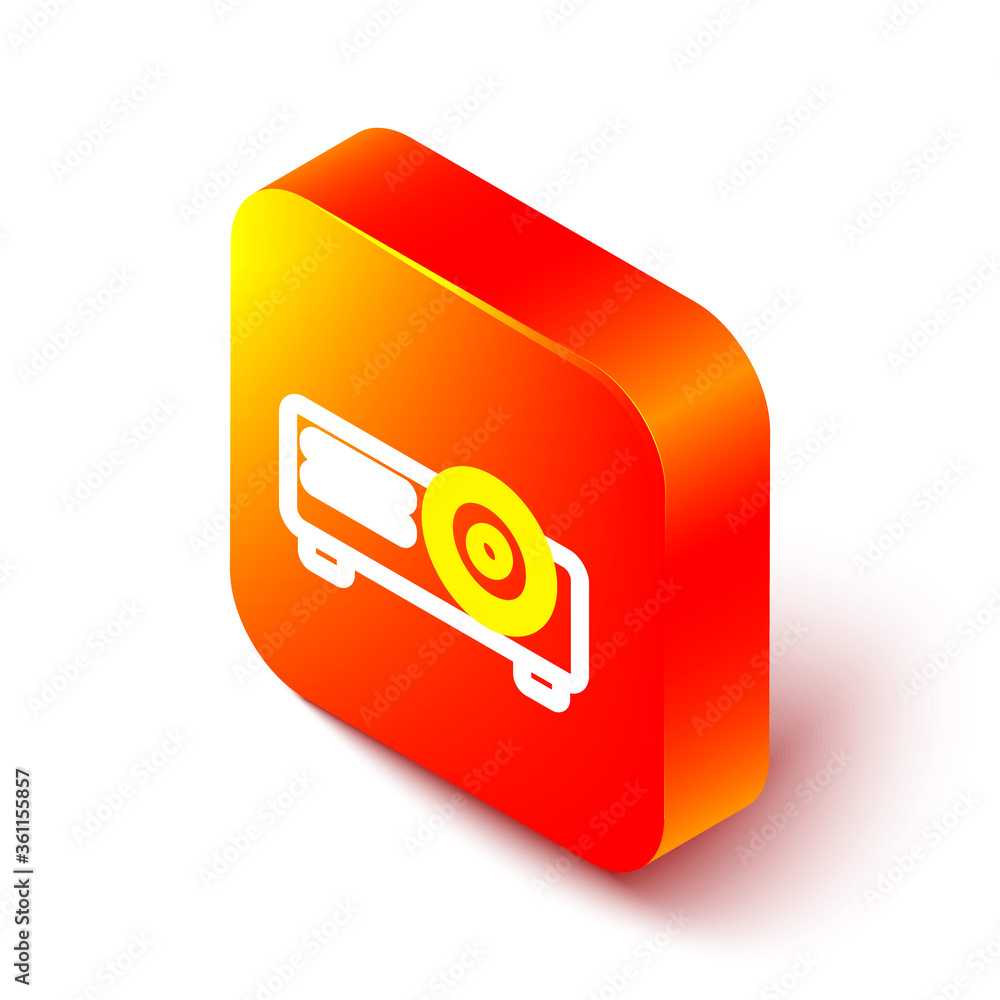 等距线演示、电影、电影、媒体投影仪图标隔离在白色背景上。橙色