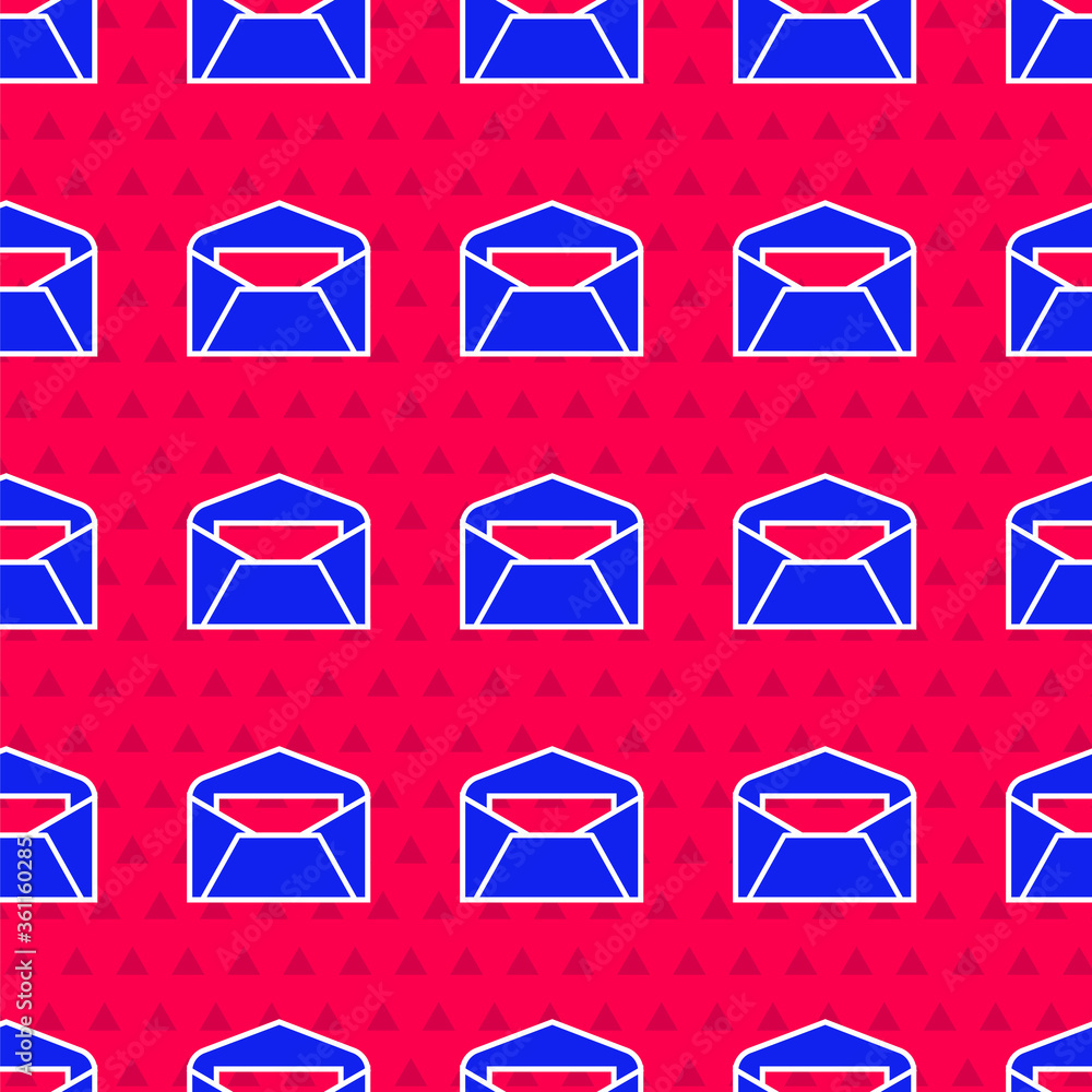红色背景上的蓝色信封图标隔离无缝图案。电子邮件字母符号。矢量