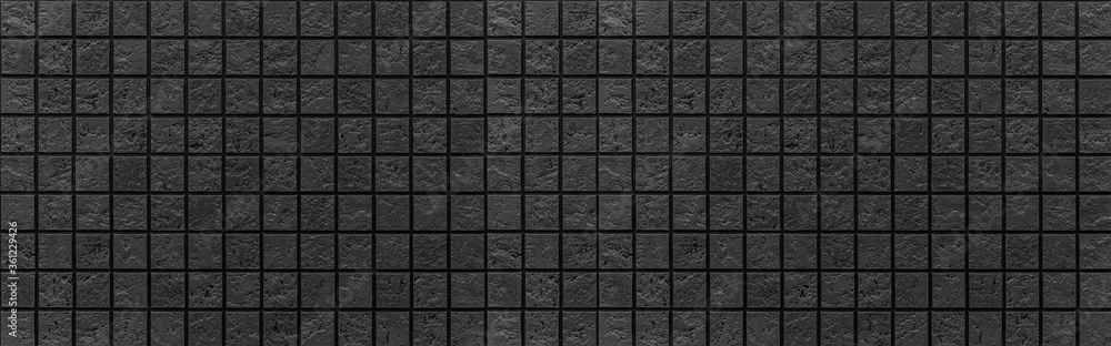 深色马赛克瓷砖纹理背景全景。黑白、黑底、黑t